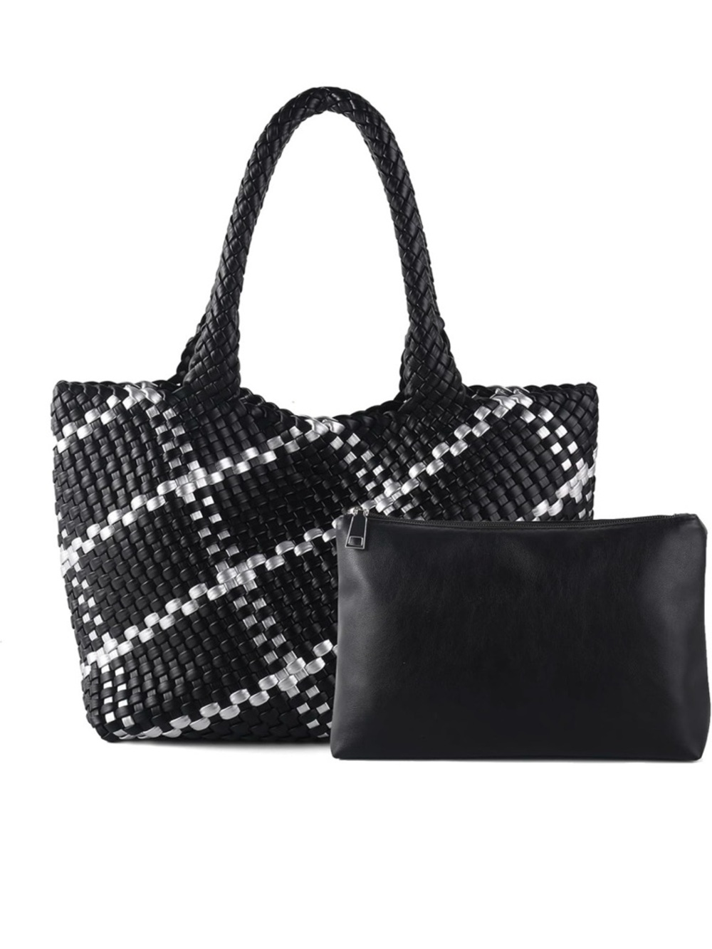Woven Black & White Tote with Removable Black Pouch